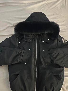 Moose Knuckles Black Hooded Puffer Jacket with Fur-Trim Hood